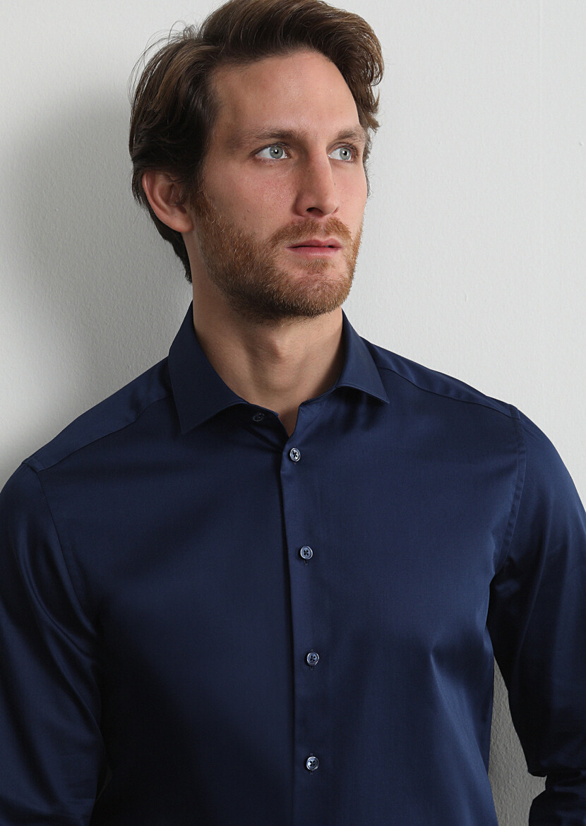 Navy Blue Plain Regular Fit Long Weaving Classical 100% Cotton Shirt - 1
