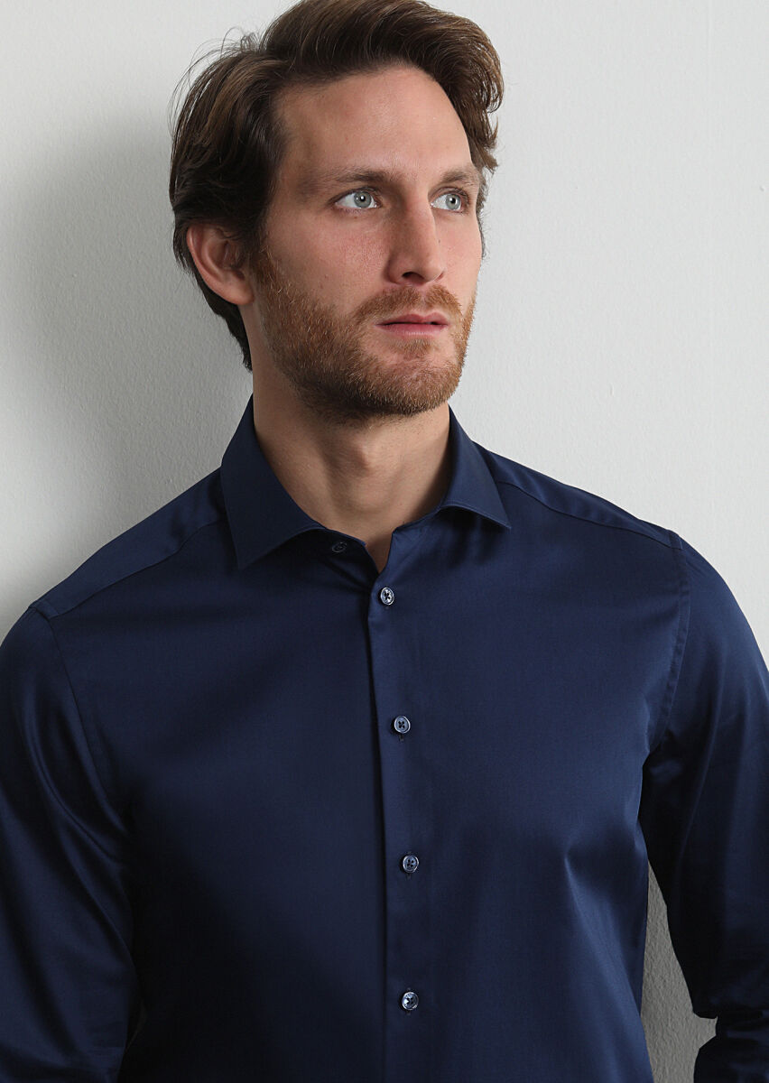 Navy Blue Plain Regular Fit Long Weaving Classical 100% Cotton Shirt - 1
