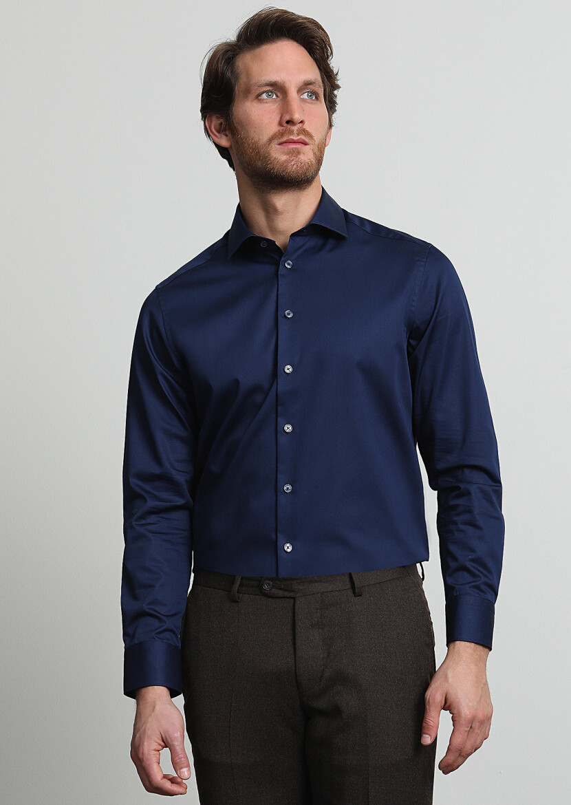 Navy Blue Plain Regular Fit Long Weaving Classical 100% Cotton Shirt 