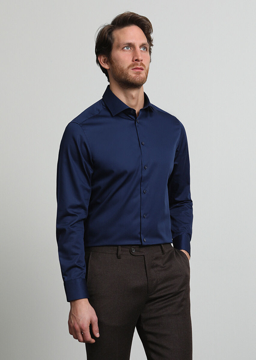 Navy Blue Plain Regular Fit Long Weaving Classical 100% Cotton Shirt - 3