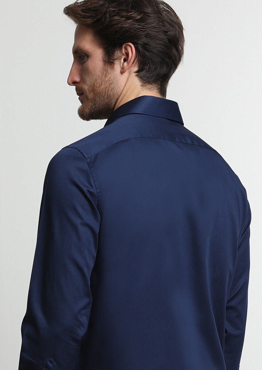 Navy Blue Plain Regular Fit Long Weaving Classical 100% Cotton Shirt - 4