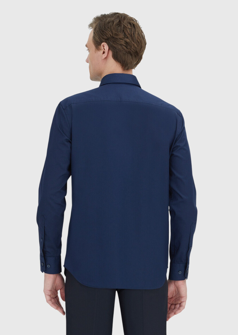 Navy Blue Plain Regular Fit Long Weaving Classical 100% Cotton Shirt - 4