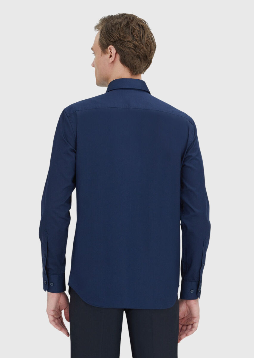 Navy Blue Plain Regular Fit Long Weaving Classical 100% Cotton Shirt - 4