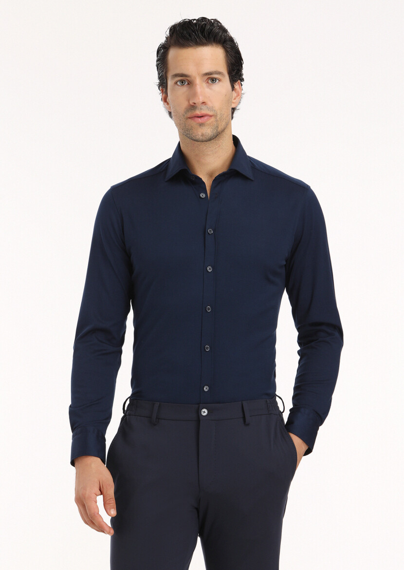 Navy Blue Plain Regular Fit Long Weaving Classical 100% Cotton Shirt 
