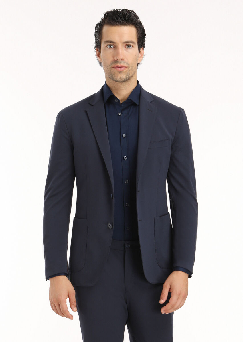 Navy Blue Plain Regular Fit Long Weaving Classical 100% Cotton Shirt - 3