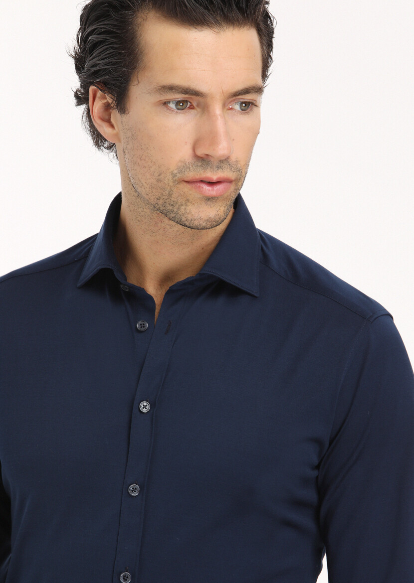 Navy Blue Plain Regular Fit Long Weaving Classical 100% Cotton Shirt - 4