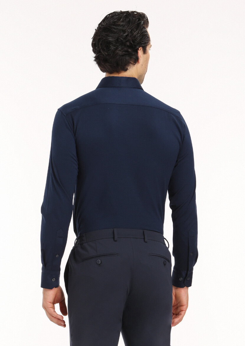 Navy Blue Plain Regular Fit Long Weaving Classical 100% Cotton Shirt - 5