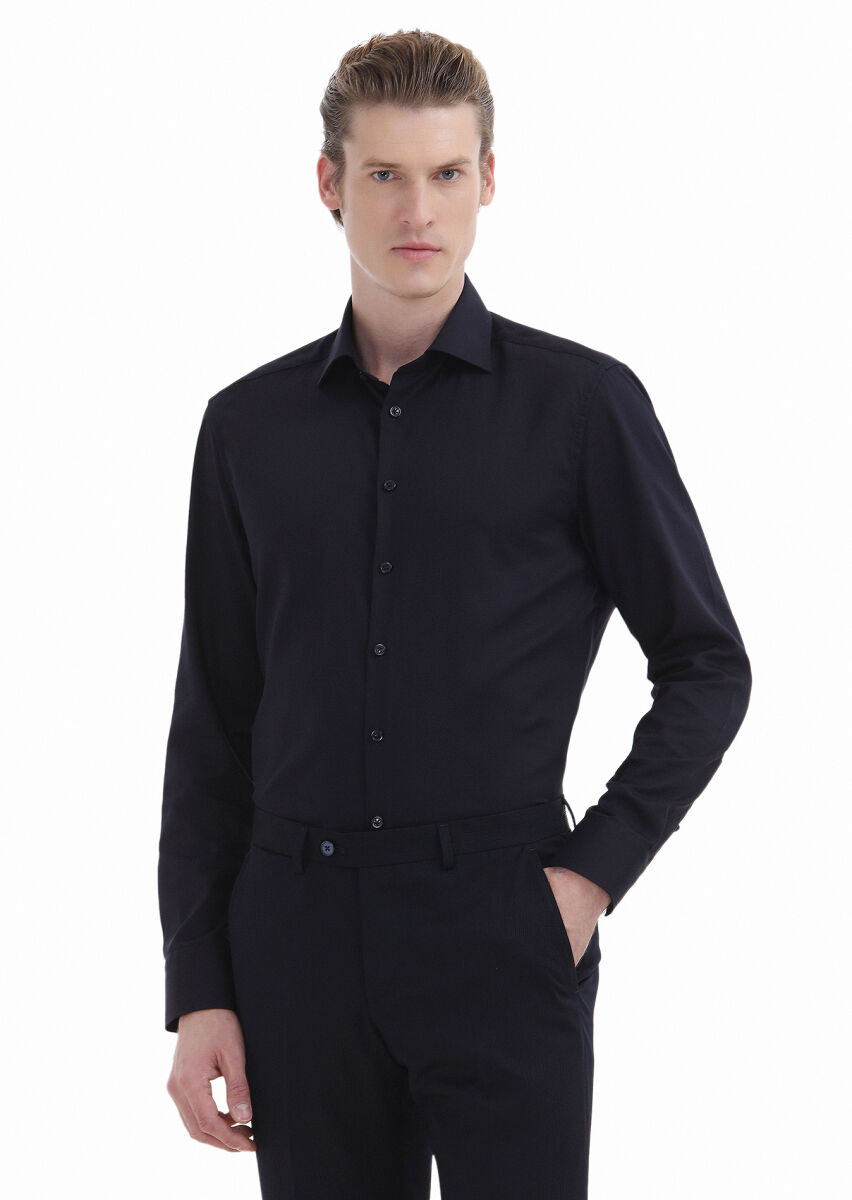 Navy Blue Plain Regular Fit Long Weaving Classical 100% Cotton Shirt - 1