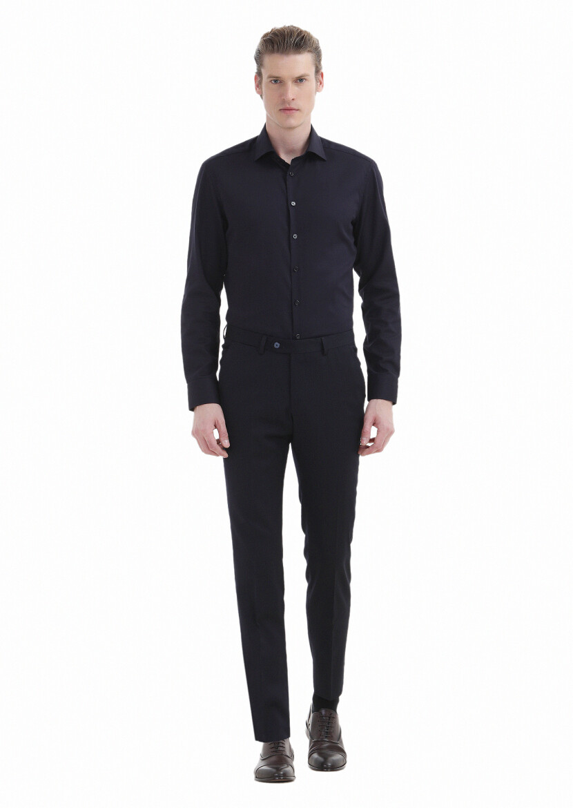 Navy Blue Plain Regular Fit Long Weaving Classical 100% Cotton Shirt - 2