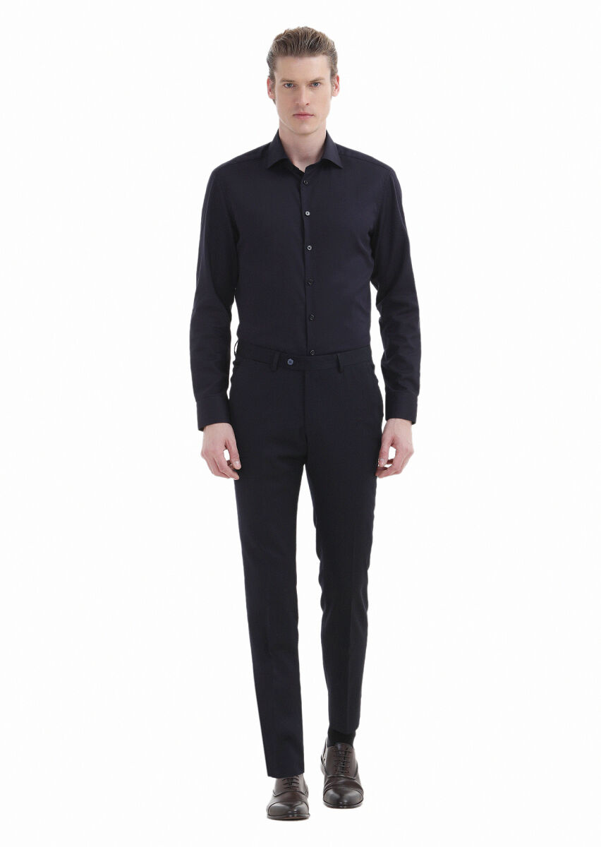 Navy Blue Plain Regular Fit Long Weaving Classical 100% Cotton Shirt - 2