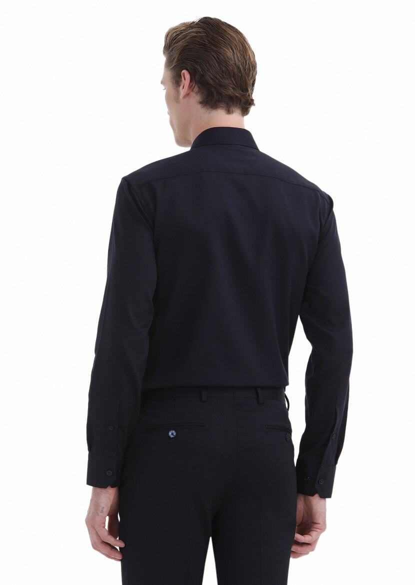Navy Blue Plain Regular Fit Long Weaving Classical 100% Cotton Shirt - 3