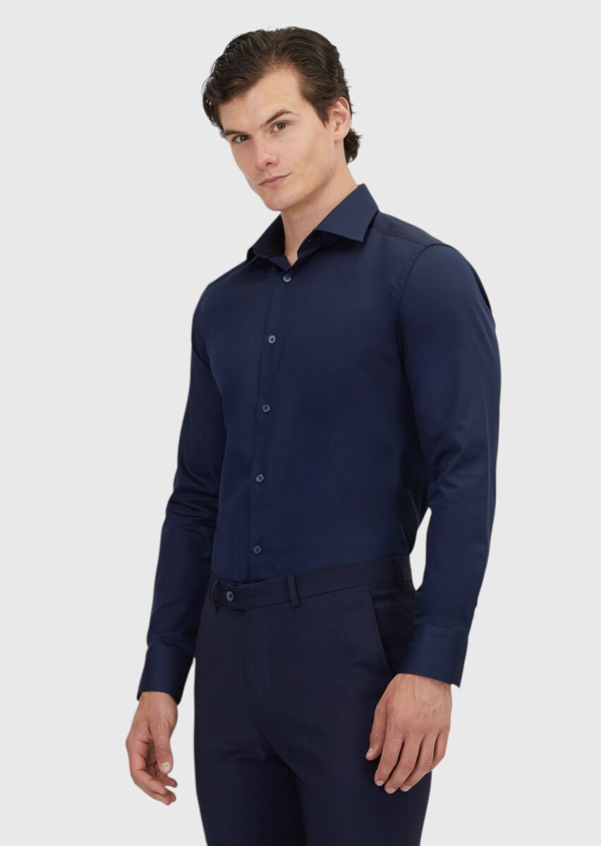 Navy Blue Plain Regular Fit Long Weaving Classical 100% Cotton Shirt - 1