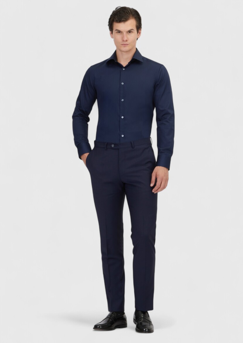 Navy Blue Plain Regular Fit Long Weaving Classical 100% Cotton Shirt 