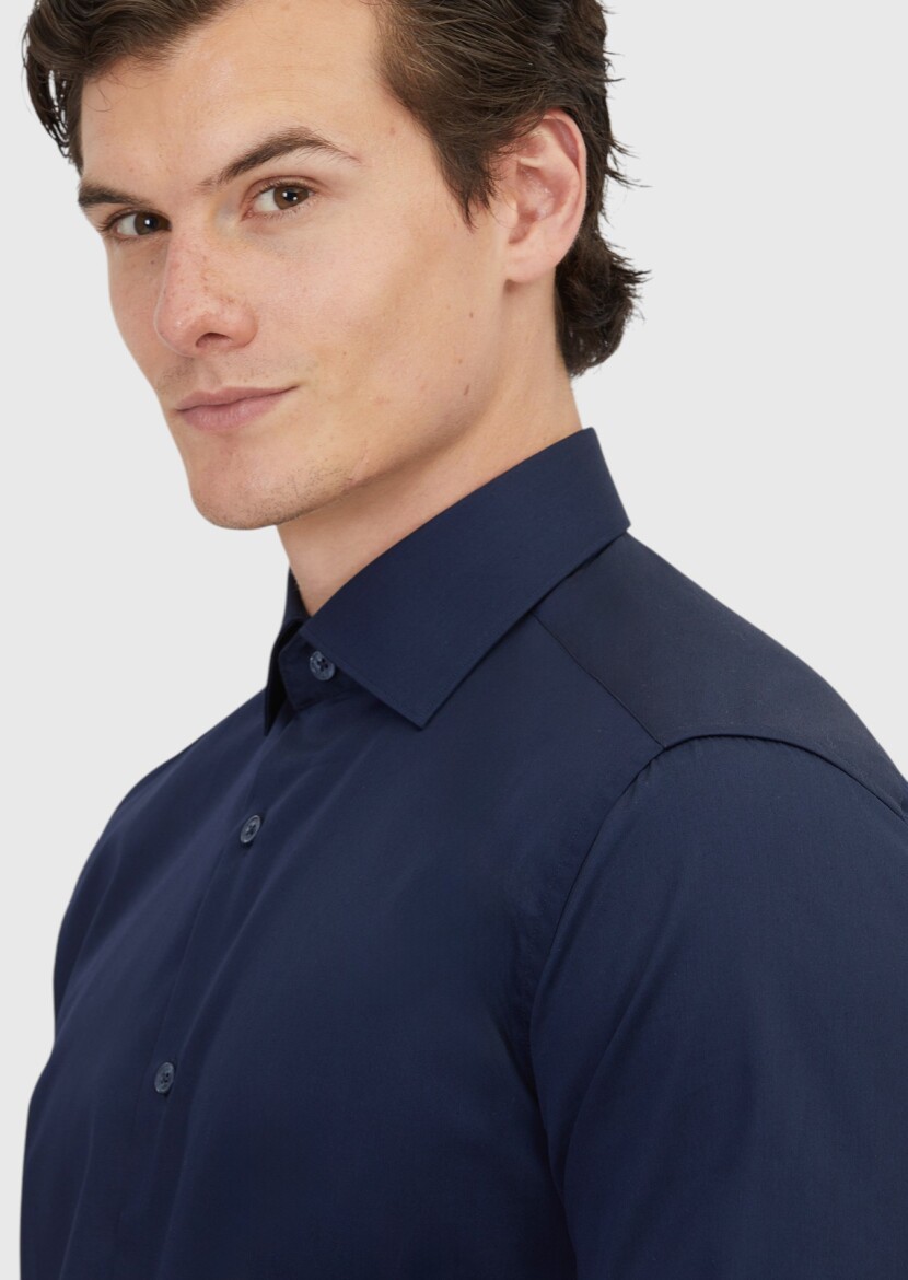 Navy Blue Plain Regular Fit Long Weaving Classical 100% Cotton Shirt - 3