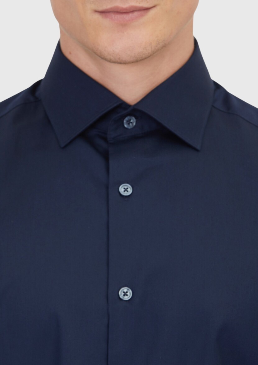 Navy Blue Plain Regular Fit Long Weaving Classical 100% Cotton Shirt - 4