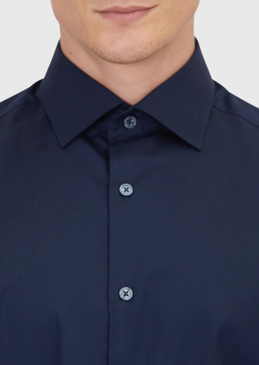Navy Blue Plain Regular Fit Long Weaving Classical 100% Cotton Shirt - 4