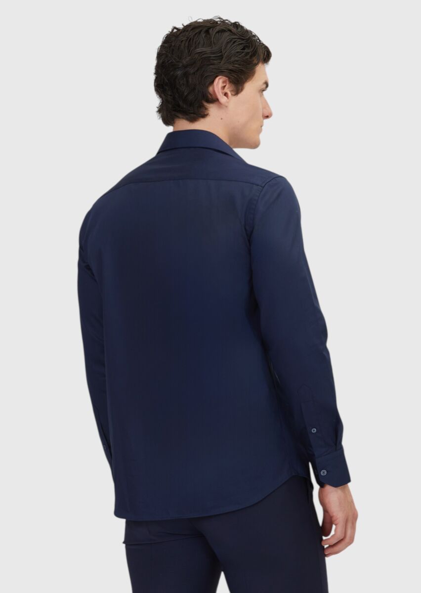 Navy Blue Plain Regular Fit Long Weaving Classical 100% Cotton Shirt - 5