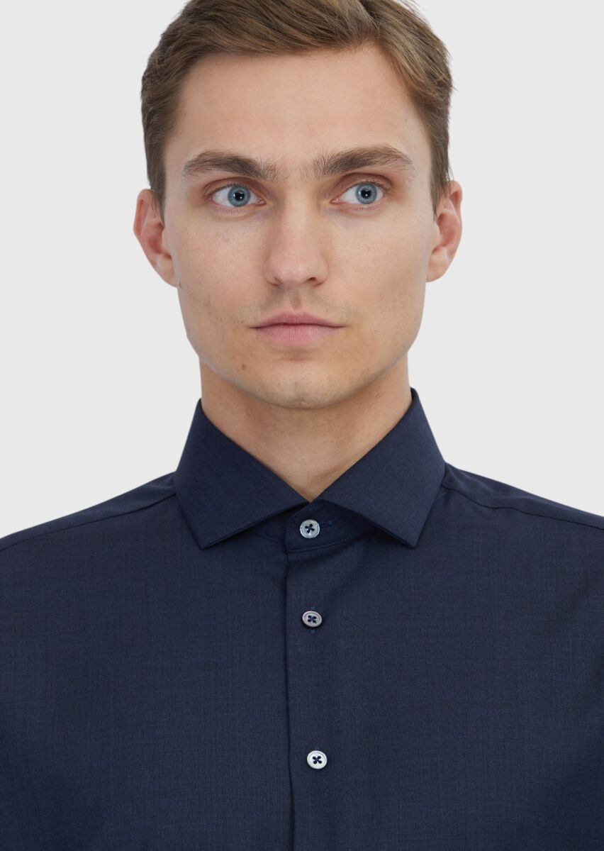 Navy Blue Plain Regular Fit Long Weaving Classical 100% Wool Shirt - 3