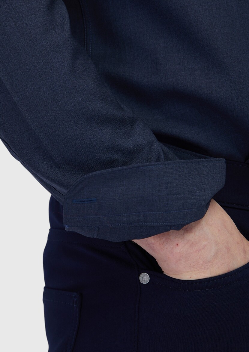 Navy Blue Plain Regular Fit Long Weaving Classical 100% Wool Shirt - 4