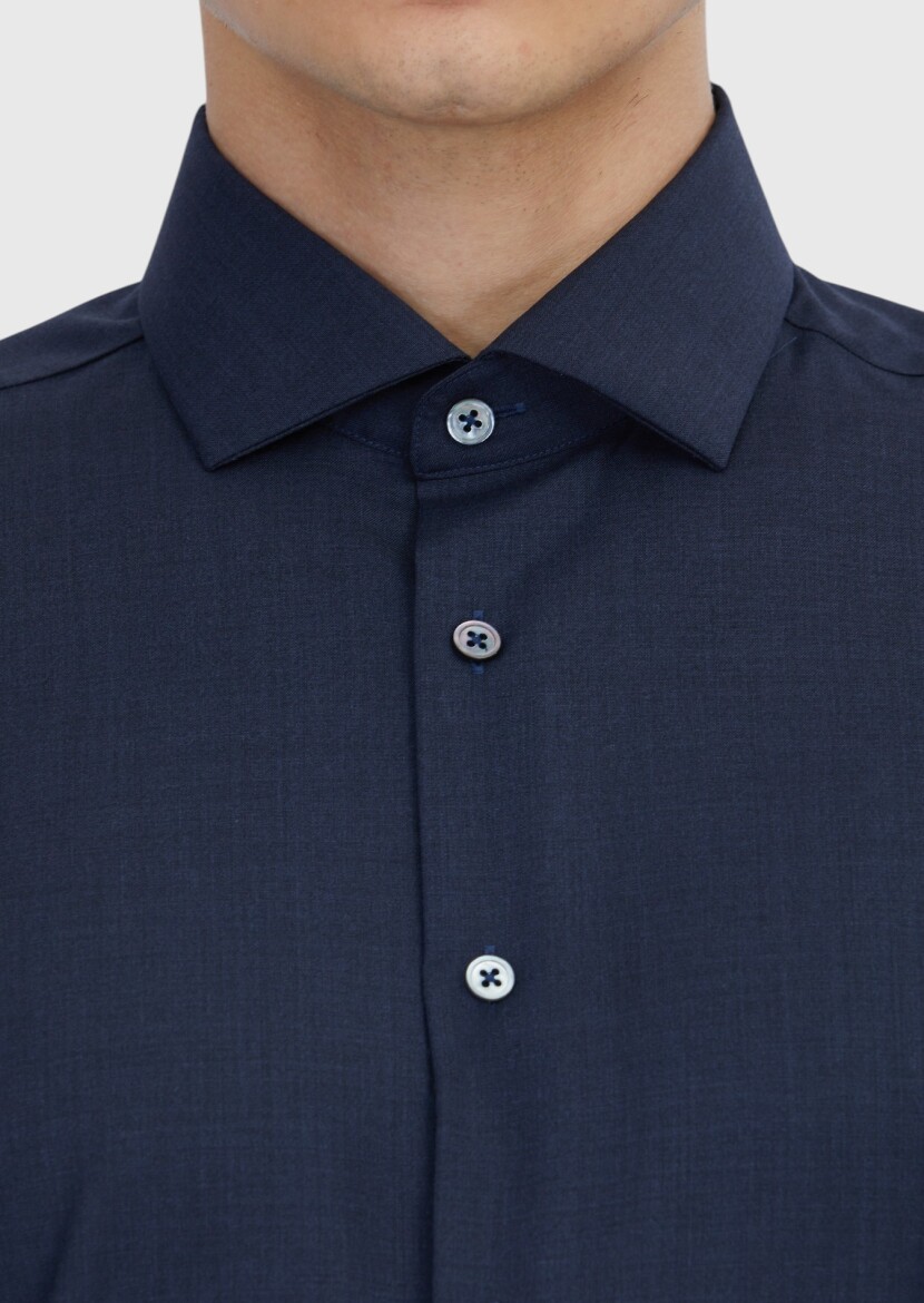 Navy Blue Plain Regular Fit Long Weaving Classical 100% Wool Shirt - 5
