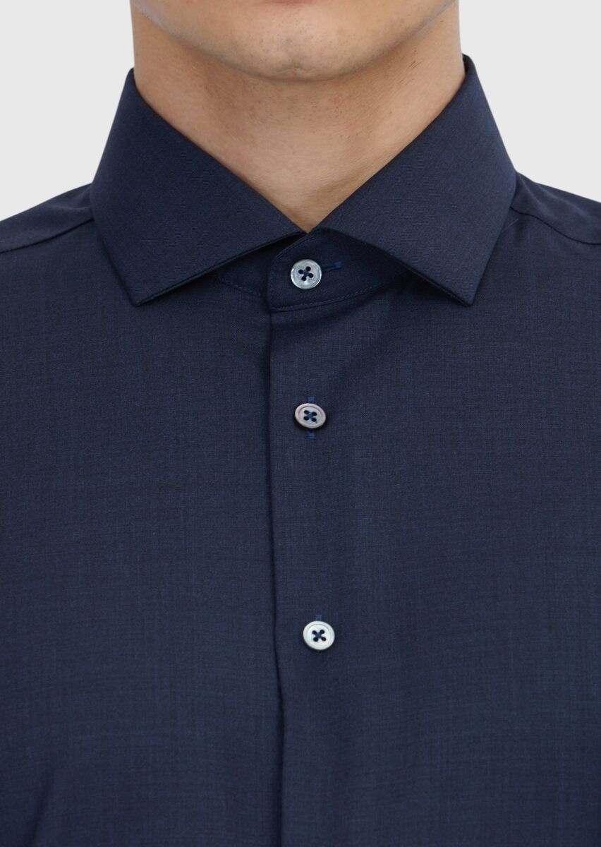 Navy Blue Plain Regular Fit Long Weaving Classical 100% Wool Shirt - 5