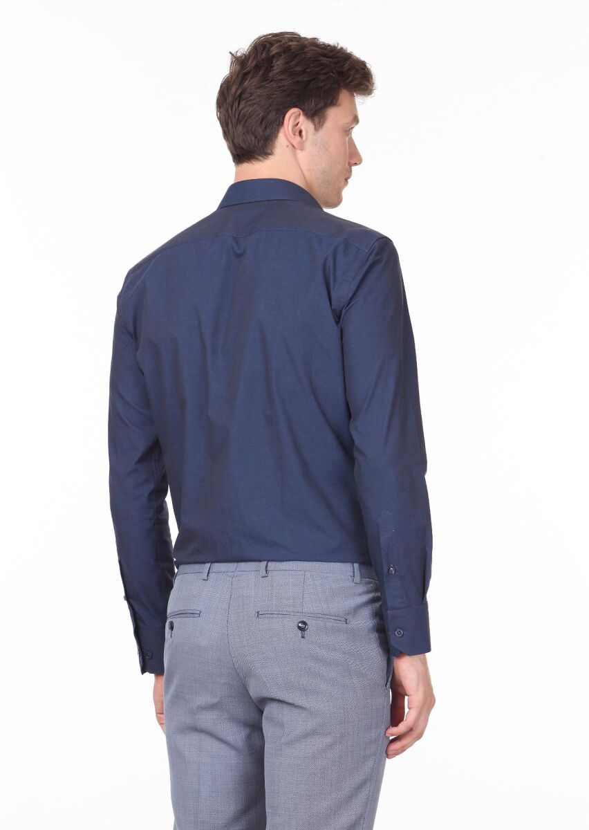 Navy Blue Plain Regular Fit Long Weaving Classical Cotton Blended Shirt - 4
