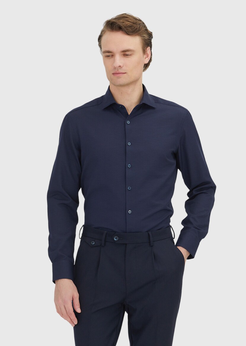Navy Blue Plain Regular Fit Long Weaving Classical Cotton Blended Shirt 