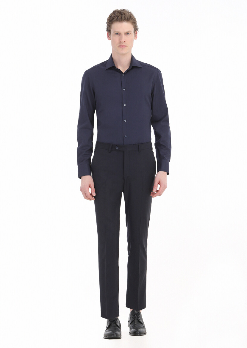 Navy Blue Plain Regular Fit Long Weaving Classical Cotton Blended Shirt - 1