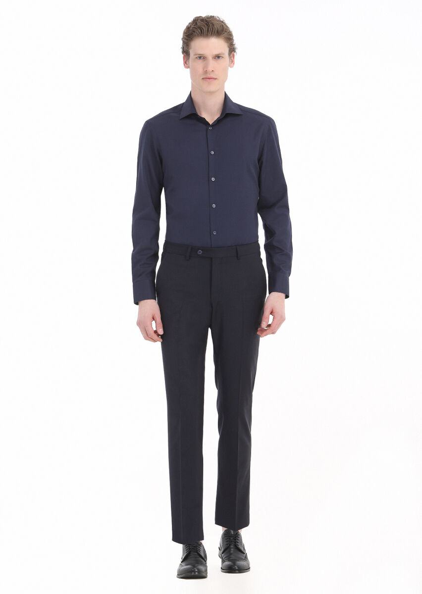 Navy Blue Plain Regular Fit Long Weaving Classical Cotton Blended Shirt - 1