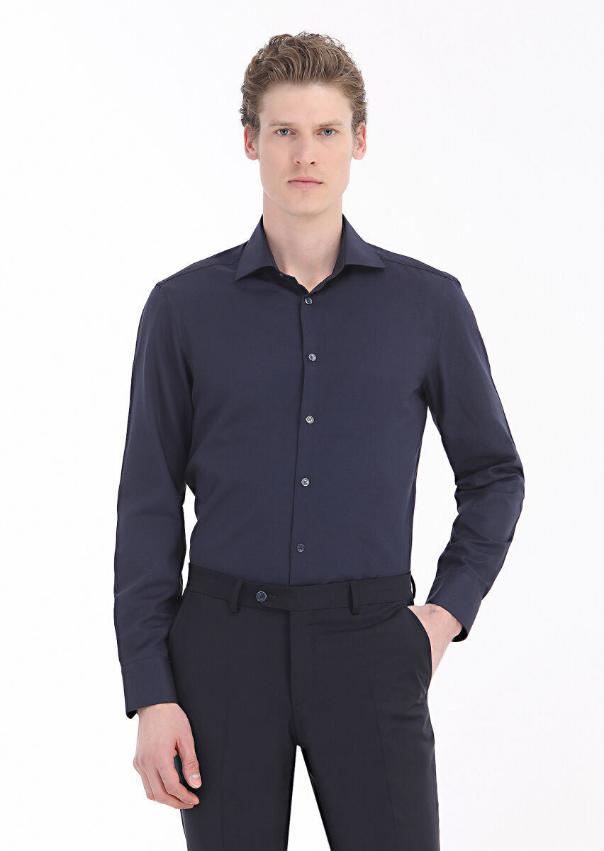 Navy Blue Plain Regular Fit Long Weaving Classical Cotton Blended Shirt - 2