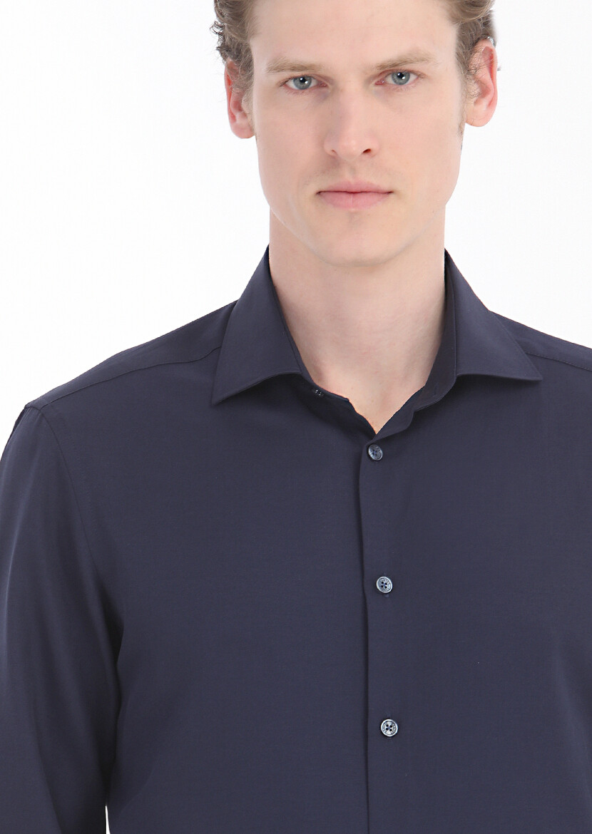 Navy Blue Plain Regular Fit Long Weaving Classical Cotton Blended Shirt - 3