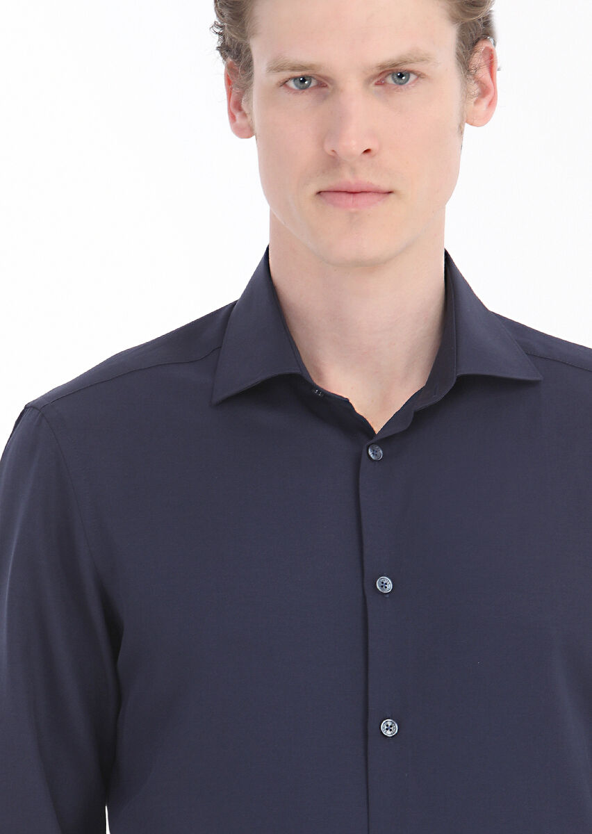Navy Blue Plain Regular Fit Long Weaving Classical Cotton Blended Shirt - 3