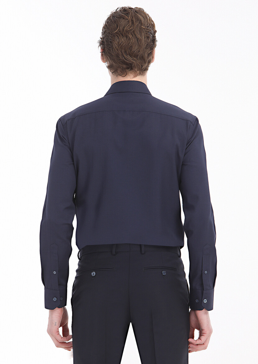 Navy Blue Plain Regular Fit Long Weaving Classical Cotton Blended Shirt - 4