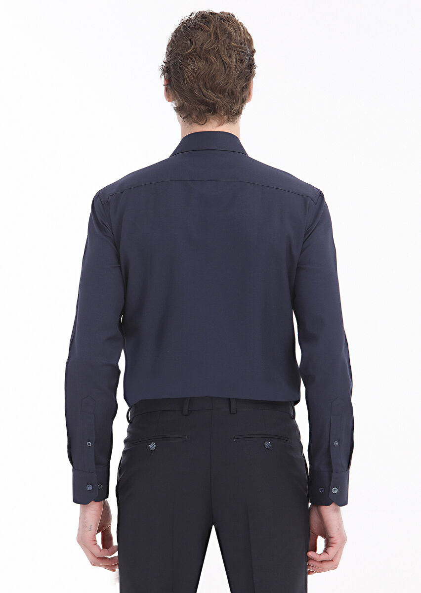 Navy Blue Plain Regular Fit Long Weaving Classical Cotton Blended Shirt - 4