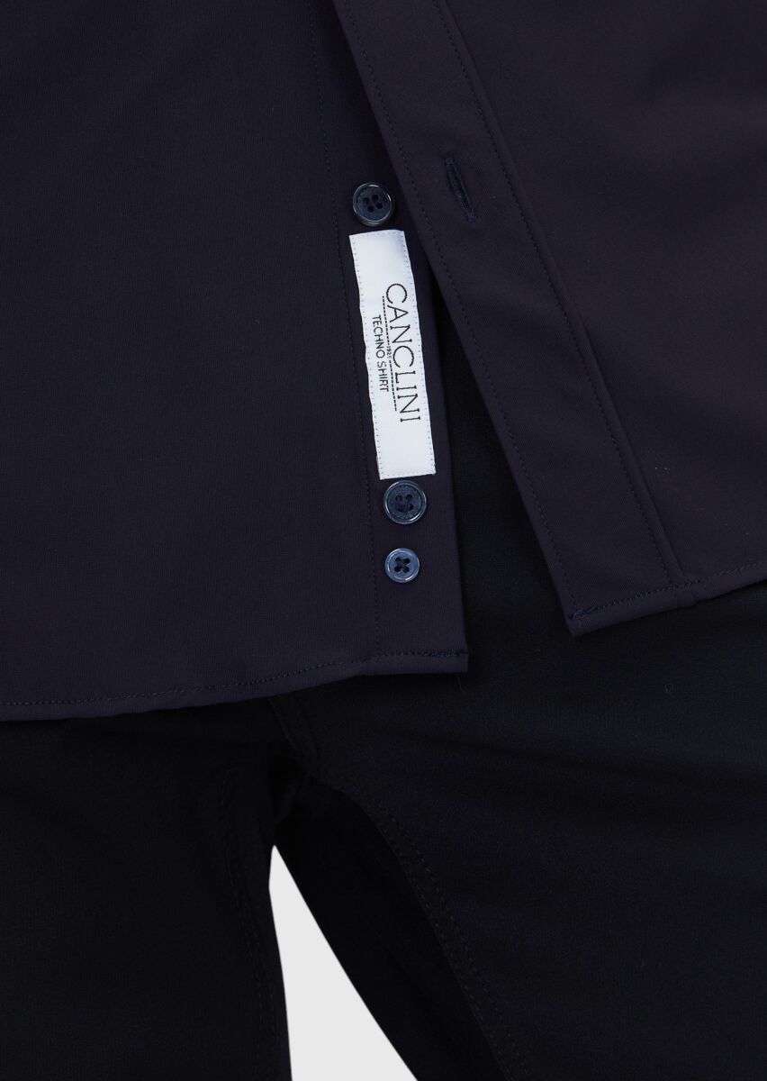 Navy Blue Plain Regular Fit Long Weaving Classical Shirt - 6