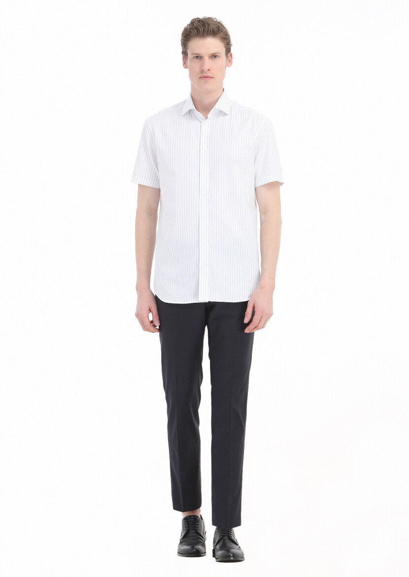 Navy Blue Plain Regular Fit Short Weaving Classical 100% Cotton Shirt - 1