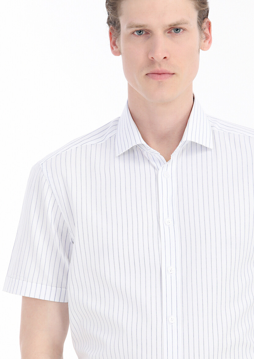 Navy Blue Plain Regular Fit Short Weaving Classical 100% Cotton Shirt - 4