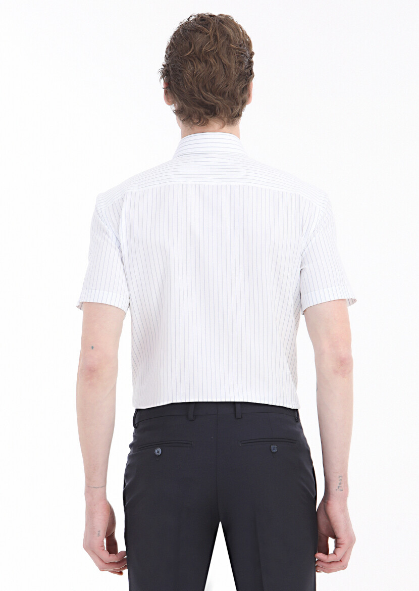 Navy Blue Plain Regular Fit Short Weaving Classical 100% Cotton Shirt - 5