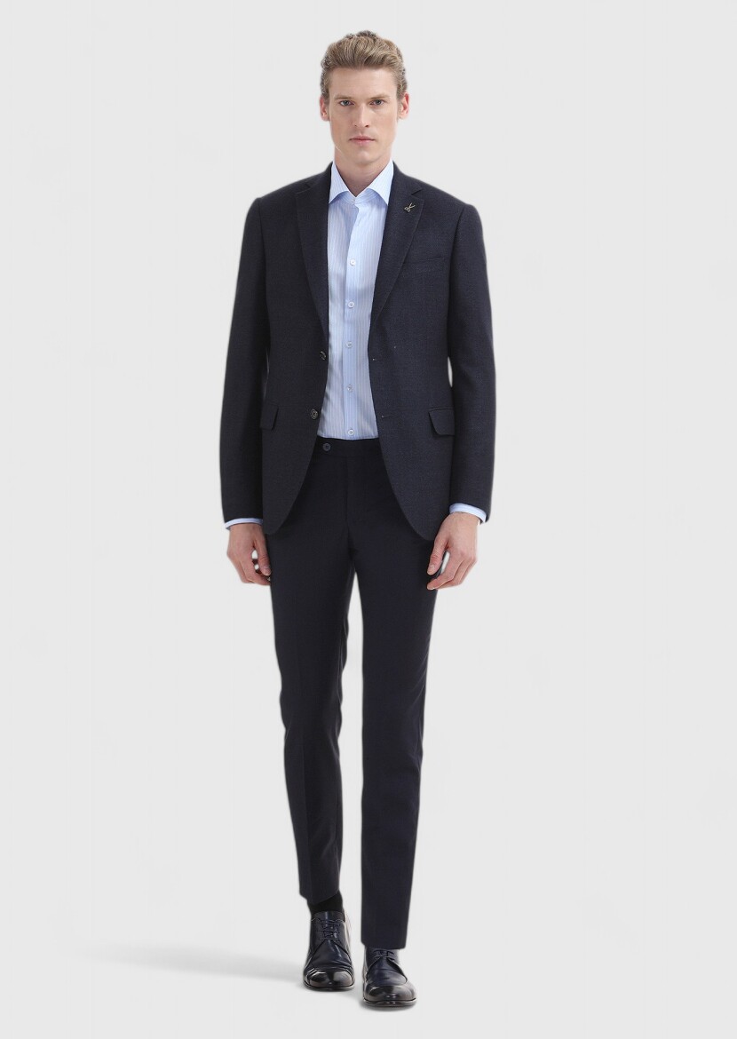 Navy Blue Plain Regular Fit Silk Blended Jacket - 1