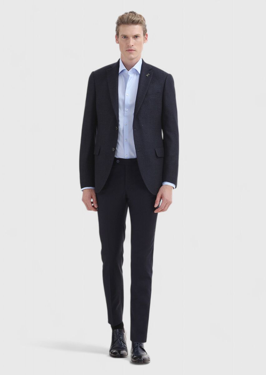 Navy Blue Plain Regular Fit Silk Blended Jacket - 1