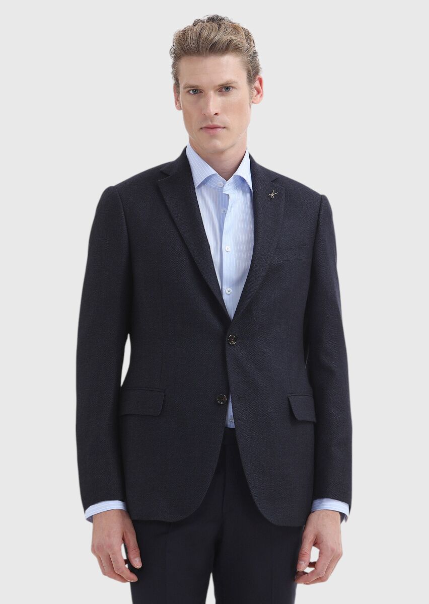 Navy Blue Plain Regular Fit Silk Blended Jacket - 2