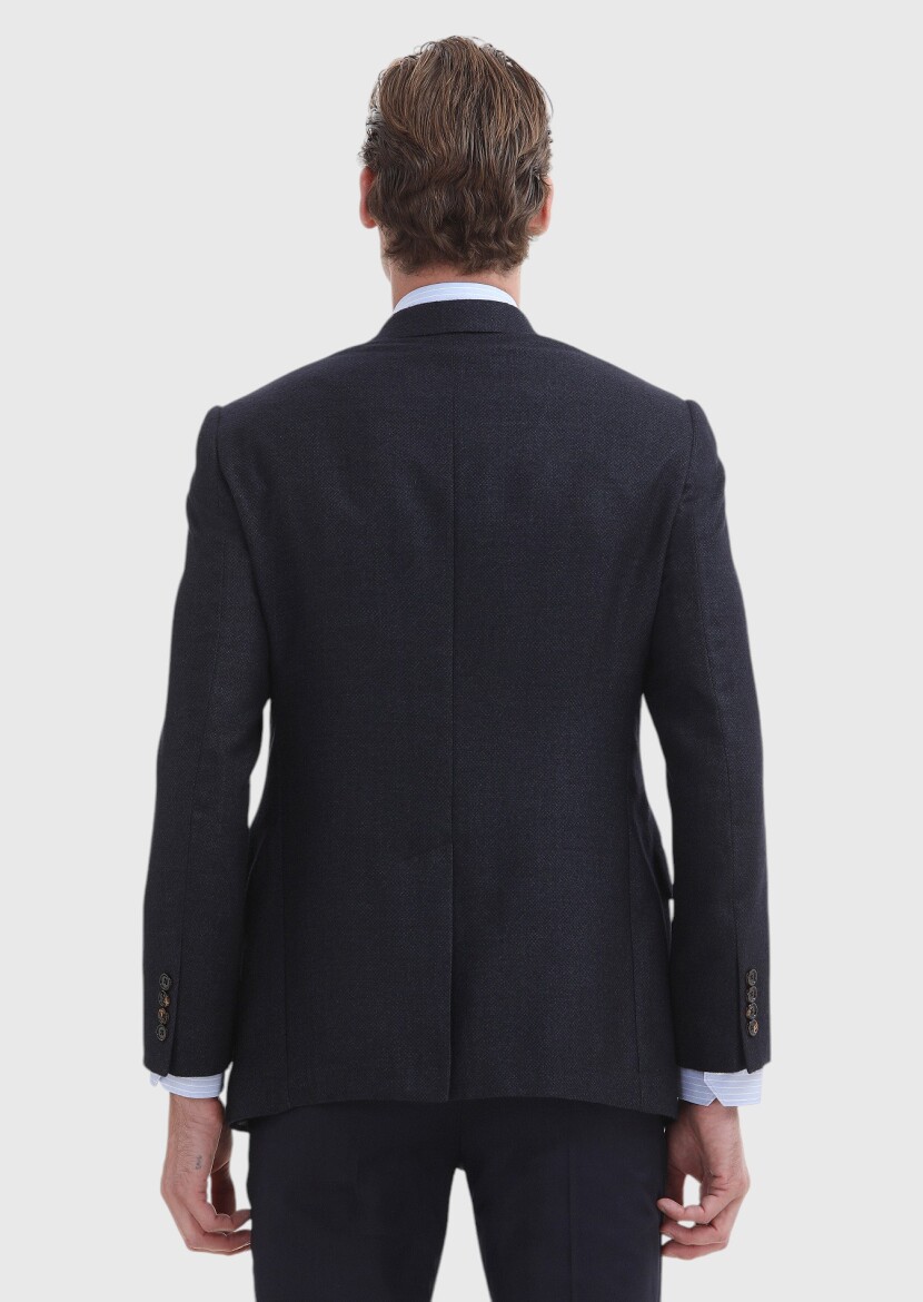 Navy Blue Plain Regular Fit Silk Blended Jacket - 5