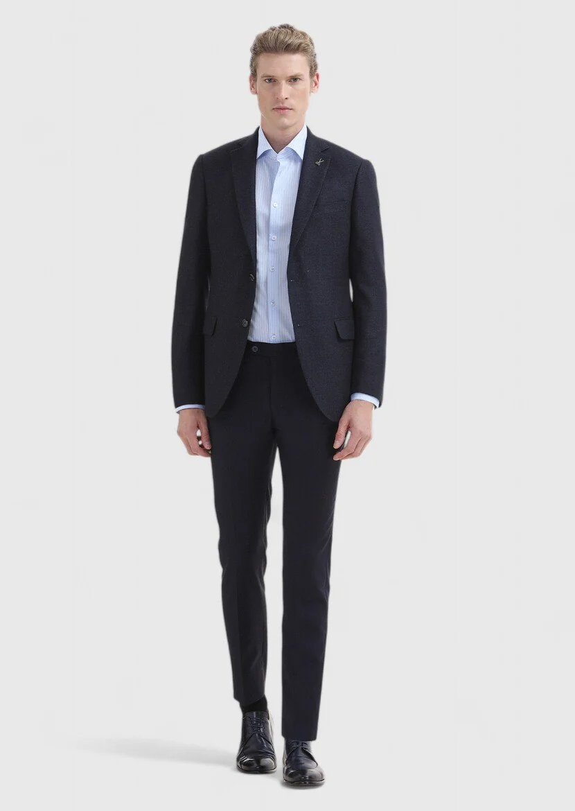 Navy Blue Plain Regular Fit Silk Blended Jacket - 1