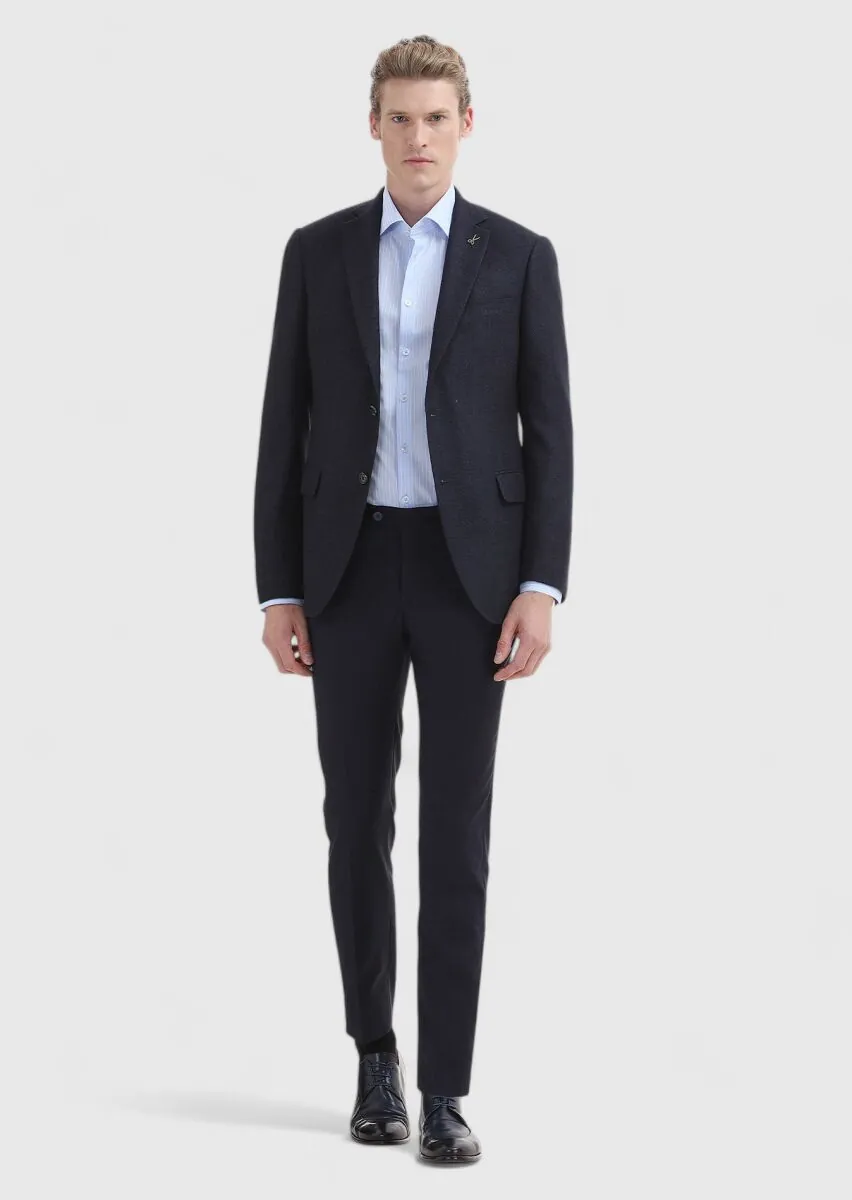 Navy Blue Plain Regular Fit Silk Blended Jacket - 1