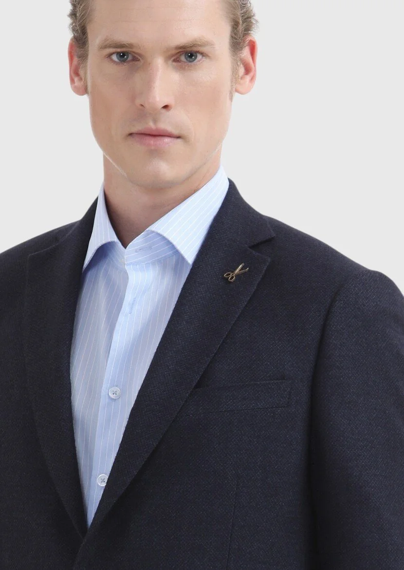 Navy Blue Plain Regular Fit Silk Blended Jacket - 3