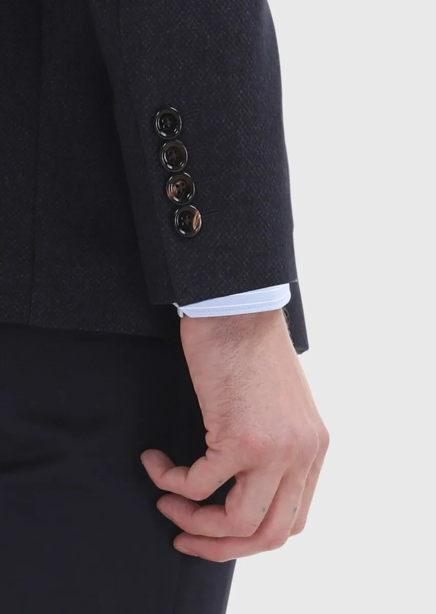 Navy Blue Plain Regular Fit Silk Blended Jacket - 4