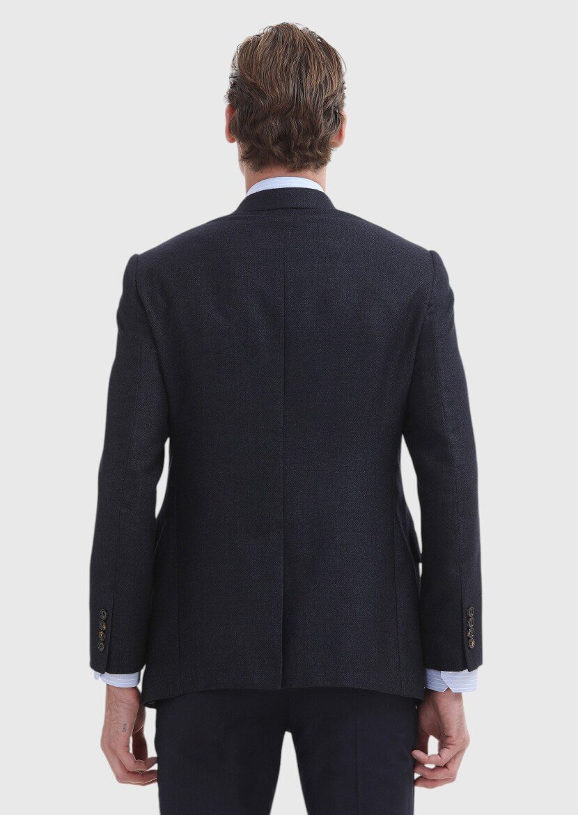 Navy Blue Plain Regular Fit Silk Blended Jacket - 5