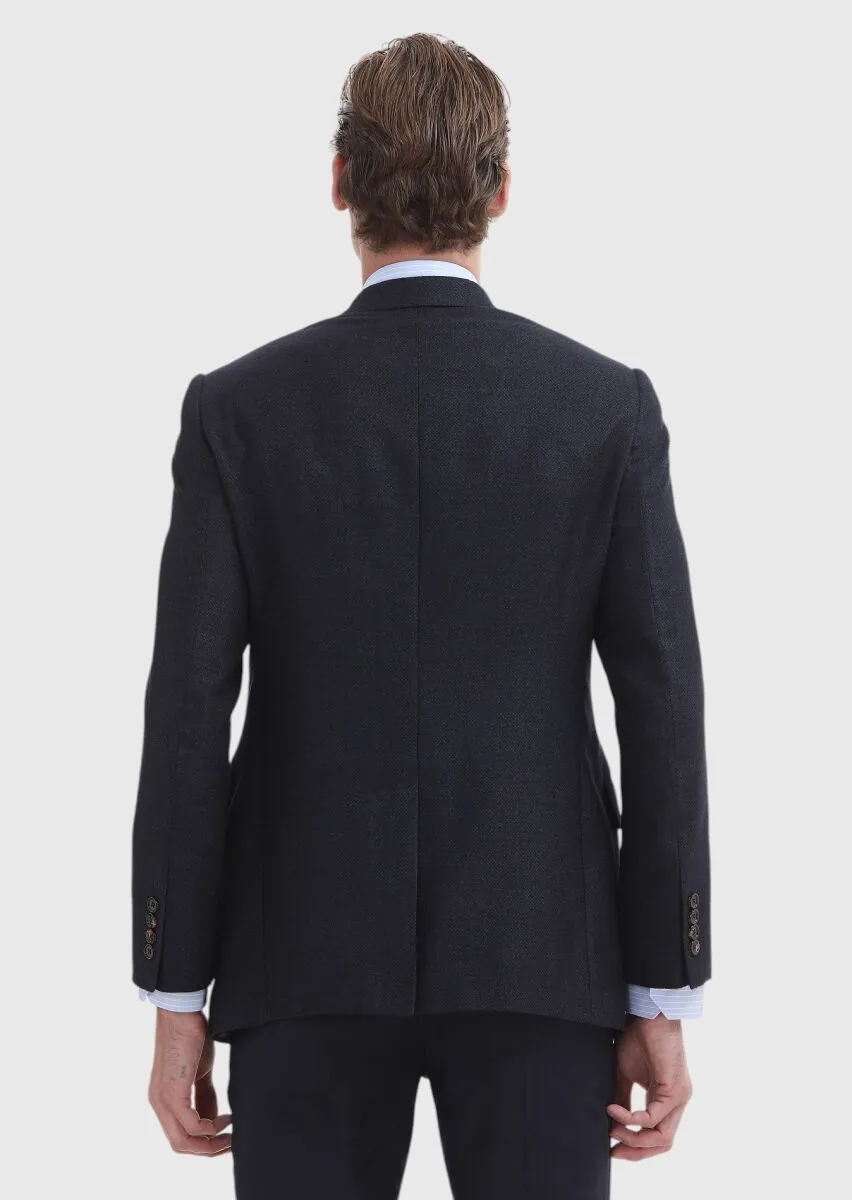 Navy Blue Plain Regular Fit Silk Blended Jacket - 5