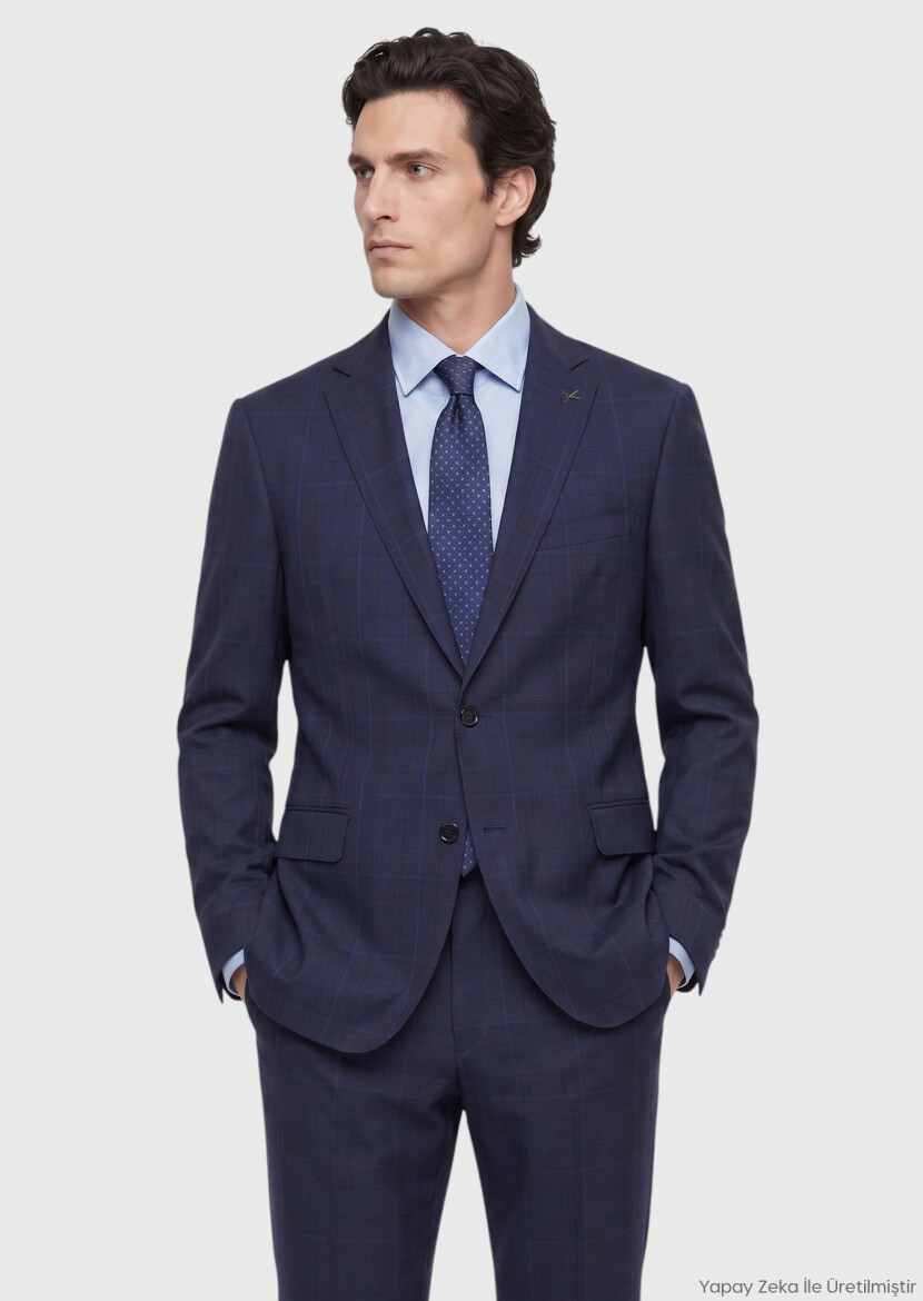 Navy Blue Plain Regular Fit Silk Blended Suit - RAMSEY