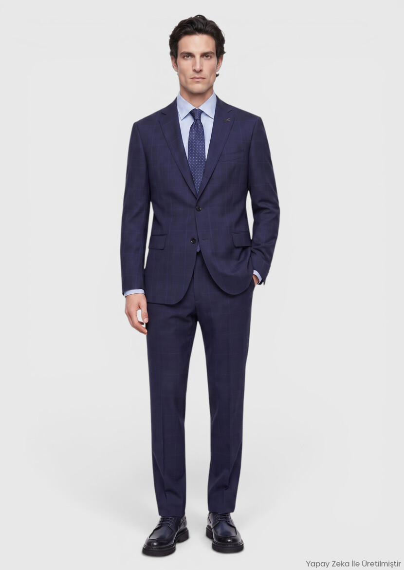 Navy Blue Plain Regular Fit Silk Blended Suit - RAMSEY